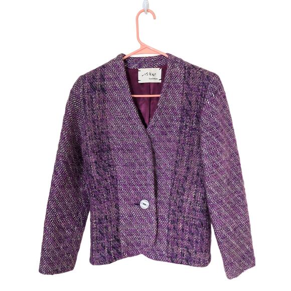 Nikos Handwoven 80s Vintage Purple Textured Woven Wool Art To Wear Blazer S - Picture 2 of 8